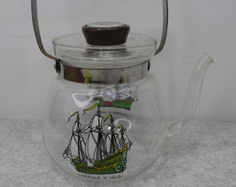 VTG Yama Glass Teapot Tea Pot Kettle Pot Cravelle XV Siecle Ship Wood Handle