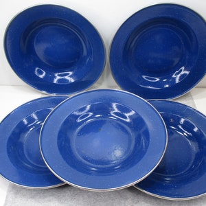 5 Enamel Ware Camping Pasta Bowl Speckled Metal  Blue White Speckles Silver Trim