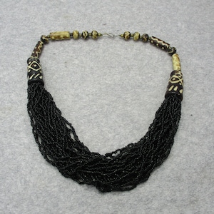 VTG Tribal Necklace Carved Bovine Bone & Black Glass Seed Beads 21&quot; Long