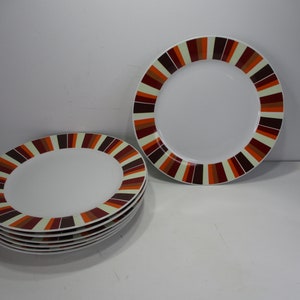 7 Vintage Royal Norfolk 10 5/8&quot; Dinner Plates Orange Brown Red Yellow Stripes