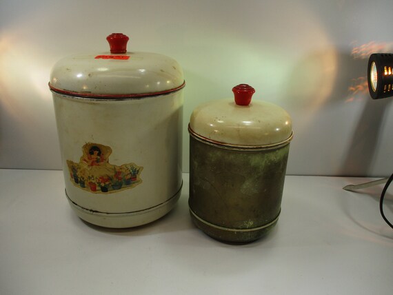 2 Antique Metal Nesting Kitchen Canisters Rustic Primitive Etsy