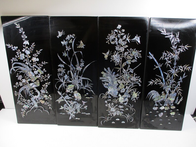 Vtg 4 Pc Set Asian Wall Panels Black Lacquer Mother Of Pearl Seasons 19 1 2 Tall