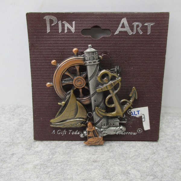 Vintage Spoontiques Nautical Pin Art Sail Boat Light House Brooch New On Card