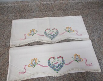 vintage Paire de taies d'oreiller standard broderie coeurs papillons