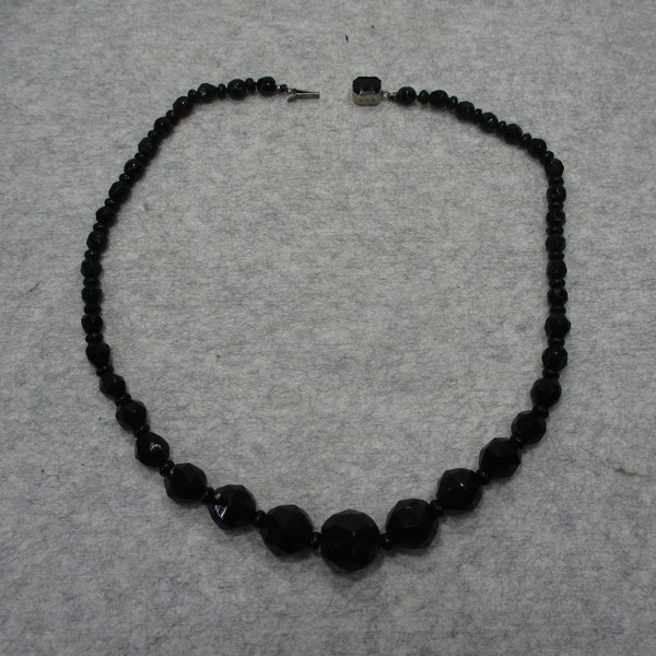 Vintage Czech Slovakia Glass Black Faceted Graduated Necklace 16" L