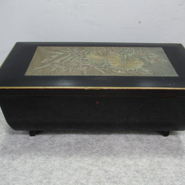 Vintage Black Lacquer Music Jewelry Box Gold/Silver Yokohama Japan Mirror Red