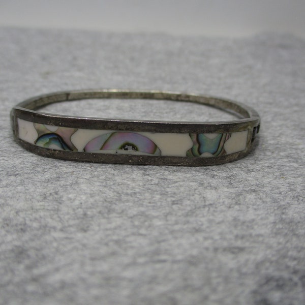 Vintage Mexico 925 Sterling Silver Abalone Shell Hinged Bangle Bracelet