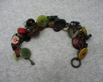 Vintage Button Bracelet Handmade Assorted Materials Key Toggle Clasp 8" Long