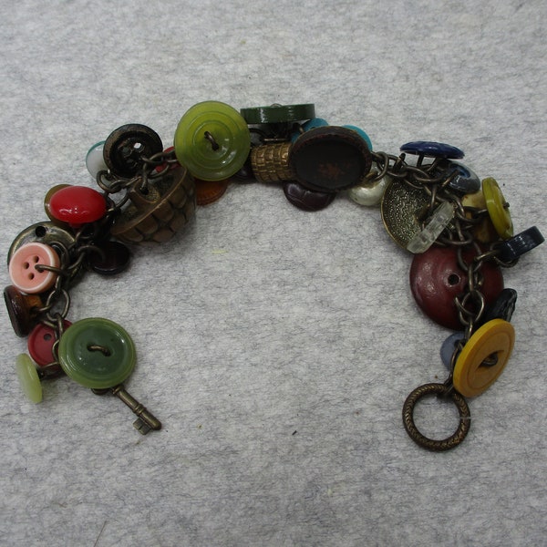 Vintage Button Bracelet Handmade Assorted Materials Key Toggle Clasp 8" Long