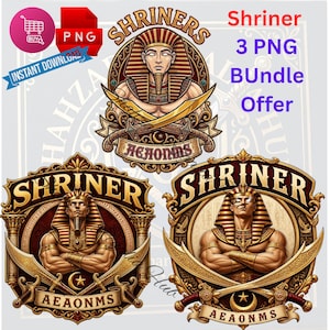 Può includere: Tre illustrazioni grafiche digitali a tema Shriners con figure di faraoni egizi che indossano copricapi a righe, spade incrociate e striscioni con il testo SHRINER e AEAONMS in tonalità oro, marrone e rosso.