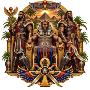 May include: A digital illustration featuring a central pharaoh seated on a golden throne, flanked by two guards in ornate armour. The scene includes palm trees, pyramids, a sun, two falcons, and a large golden ankh symbol with a central star.