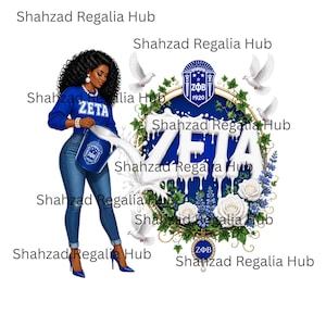 Könnte beinhalten: Eine grafische Illustration einer Person mit dunklem lockigem Haar, die ein blaues Zeta-Sweatshirt und eine blaue Jeans trägt und weiße Flüssigkeit aus einem Eimer auf ein kreisförmiges Emblem mit dem Text ZETA, weißen Rosen und Tauben gießt.
