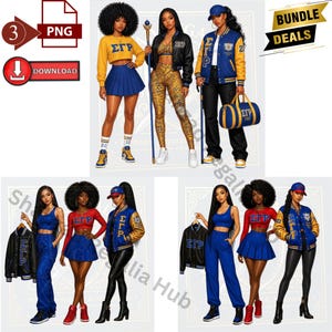 Peut inclure: Une collection numérique d'illustrations de mode présentant diverses tenues avec les lettres grecques ΣΓΡ. Les modèles incluent des pulls courts, des jupes plissées, des vestes universitaires, des leggings et des sacs de sport dans des tons bleu, or, rouge et noir.