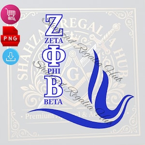 May include: A blue graphic design featuring the Greek letters Zeta, Phi, and Beta stacked vertically. To the right of the letters is a stylized blue dove shape. The background contains a faint watermark with the text Shahza Regal Hub.