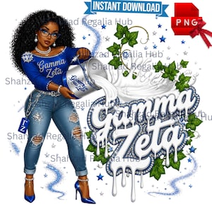 May include: A digital illustration of a person with dark curly hair wearing a blue long-sleeve shirt with the text Gamma Zeta, blue distressed jeans, and blue high heels. The person holds a silver bucket pouring white liquid over the text Gamma Zeta.
