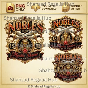 May include: Three ornate graphic emblems featuring the text NOBLES OF THE MYSTIC SHRINE A.E.A.O.N.M.S. Each design includes a central golden pharaoh mask, crossed swords, a red star, and the numbers 18 and 93, all framed by intricate gold filigree.