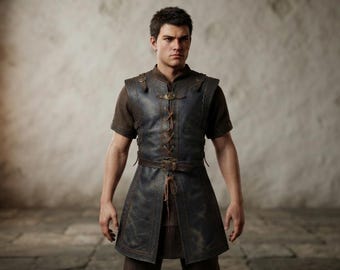 男性用中世風レザーベスト、バイキング・ルネッサンスLARPアーマーチュニック