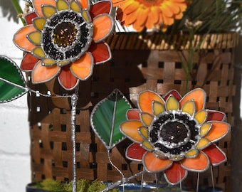 Stained Glass Red Orange Sunflower 3D Stem Sculpture Flower with Sun Face Center