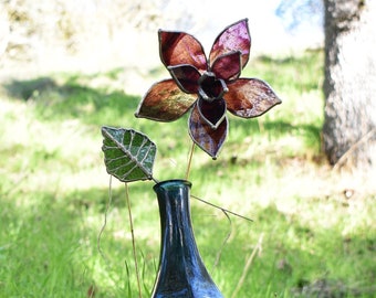 Handmade Stained Glass 3 Dimensional Red Violet Dahlia Flower and Leaf with Foil Overlay Veins