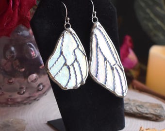 Iridescent Stained Glass Asymmetrical Butterfly Wing Earrings in Sky Blue