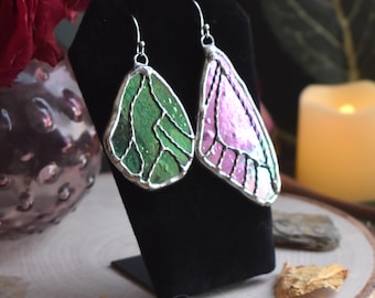 Iridescent Stained Glass Asymmetrical Butterfly Wing Earrings in Violet Purple