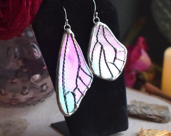 Iridescent Stained Glass Asymmetrical Butterfly Wing Earrings in Violet Purple