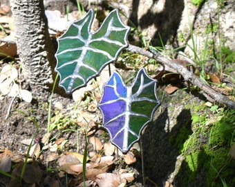 Stained Glass Stem Alocasia Polly Leaves Mixed Size Pair of 2 in Iridescent Green