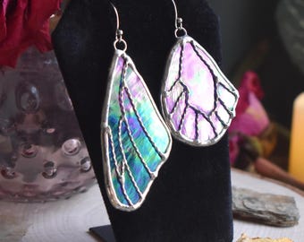 Iridescent Stained Glass Asymmetrical Butterfly Wing Earrings in Cobalt Blue
