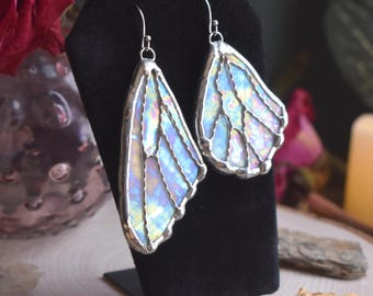 Iridescent Stained Glass Asymmetrical Butterfly Wing Earrings in Ivory Moonstone