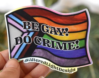 Stained Glass Pride LGBTQIA Flag Holographic Sticker Be Gay Do Crime