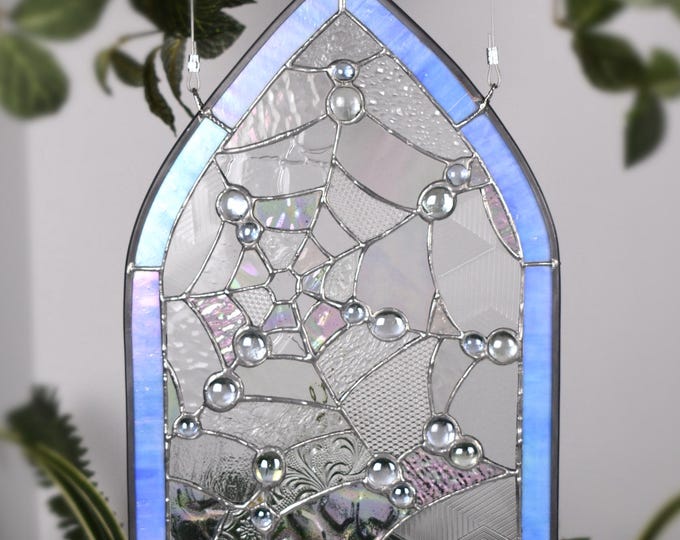 Featured listing image: Stained Glass Spiderweb Portal with Iridescent Light Blue Frame Glass Droplets and Clear Iridescent Glass