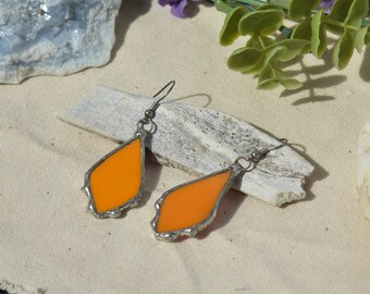 Upcycled Glass Earrings in Boho Shape with Decorative Soldering in Bright Opaque Orange