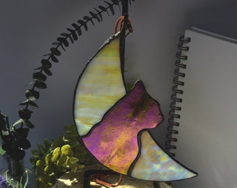 Handmade Stained Glass Iridescent Cat Familiar in the Moon Suncatcher in Your Choice of Color