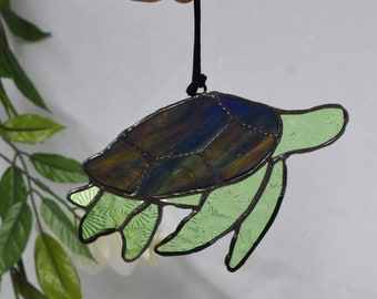 Handmade Stained Glass Sea Turtle Suncatcher with Wire Detail Light Green Florentine with Watercolor Blue Yellow and Pink Shell