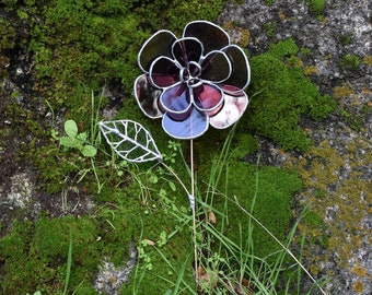 Handmade Stained Glass 3 Dimensional Dusty Pink Primrose Flower and Leaf with Foil Overlay Veins