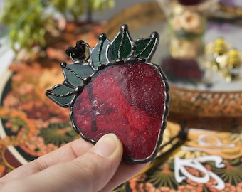 Stained Glass Small Deep Transparent Red Suncatchers with Leaves and Decorative Soldering