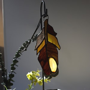 Handmade Stained Glass Feather Suncatcher with Natural Agate Slice Gray and Golden Brown image 1