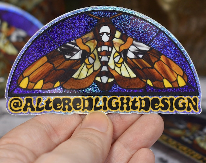 Featured listing image: Stained Glass Death's Head Moth Large Pixie Dust Sticker Altered Light Design