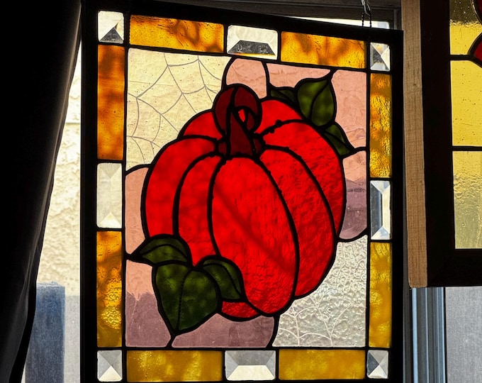 Featured listing image: Handmade Stained Glass Pumpkin Suncatcher with Clear Bevels and Hand Engraved Spiderweb Corners