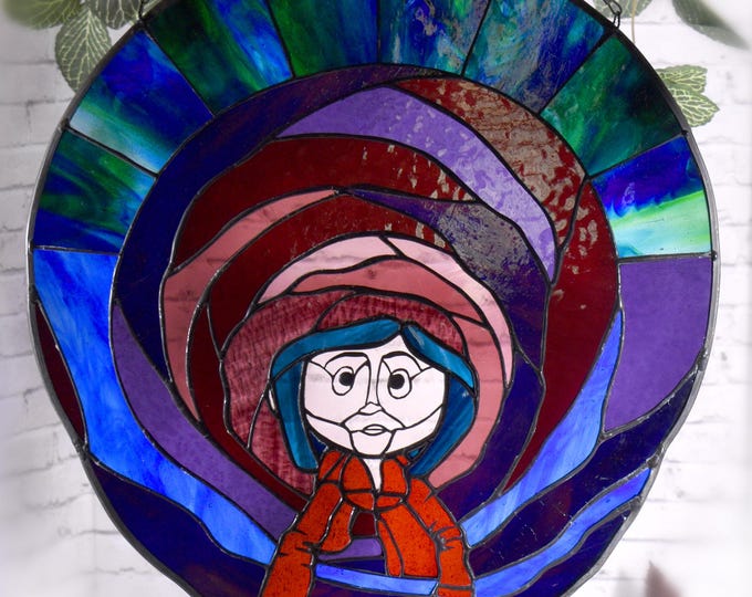 Featured listing image: Large Stained Glass Coraline Portal Tunnel Panel in Deep Violets Blues and Green