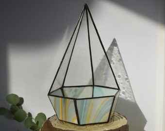 3 Dimensional Stained Glass Terrarium Hexagon in White, Teal, Orange, Yellow, and Clear