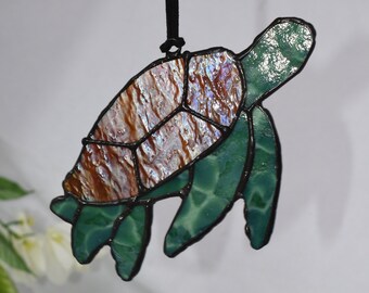 Handmade Stained Glass Sea Turtle Suncatcher with Wire Detail Iridescent Red and Gold Shell with Green Mottle