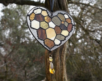 Handmade Stained Glass Honeycomb Heart Suncatcher in Shades of Warm and Deep Honey Amber