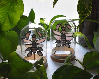 Handmade Stained Glass Pink Malaysian Orchid Mantis Specimen Cork Base Cloche Display