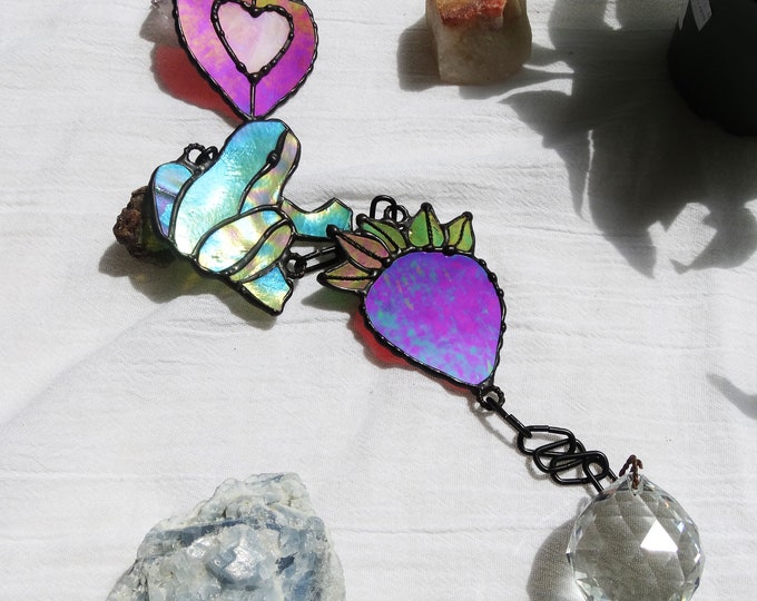 Featured listing image: Stained Glass Strawberry Frog Garland with Heart Strawberry and Round Rainbow Prism in Fully Iridescent Red and Green