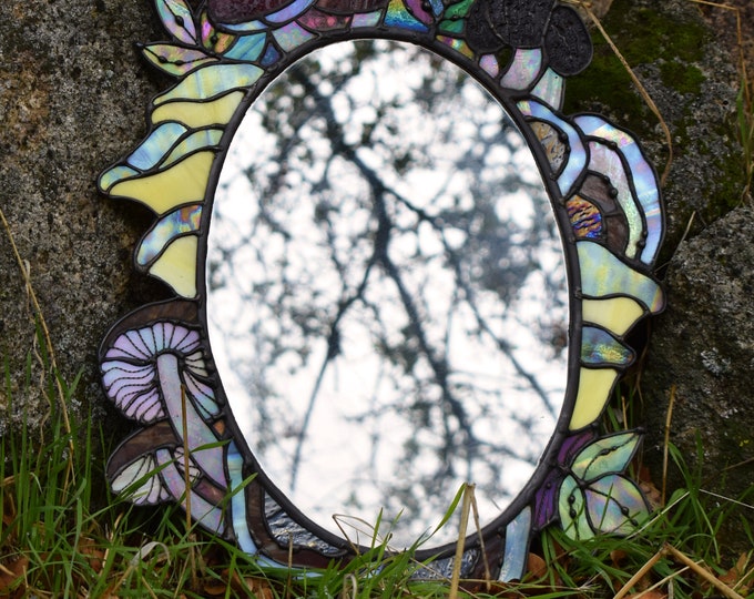 Featured listing image: Handmade Large Stained Glass Fairytale Mushroom Mirror with Chantarelles Morels Turkey Tails Leaves, and Decorative Soldering Wire Detail