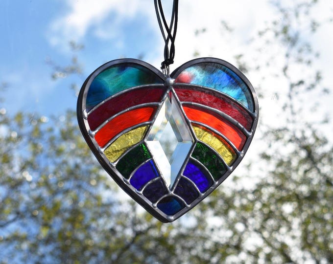 Featured listing image: Handmade Stained Glass Rainbow Heart and Diamond Bevel Sun Catcher