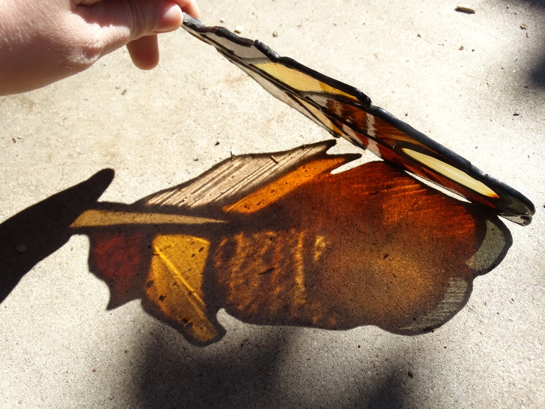 Handmade Stained Glass Feather Suncatcher with Natural Agate Slice Gray and Golden Brown image 6