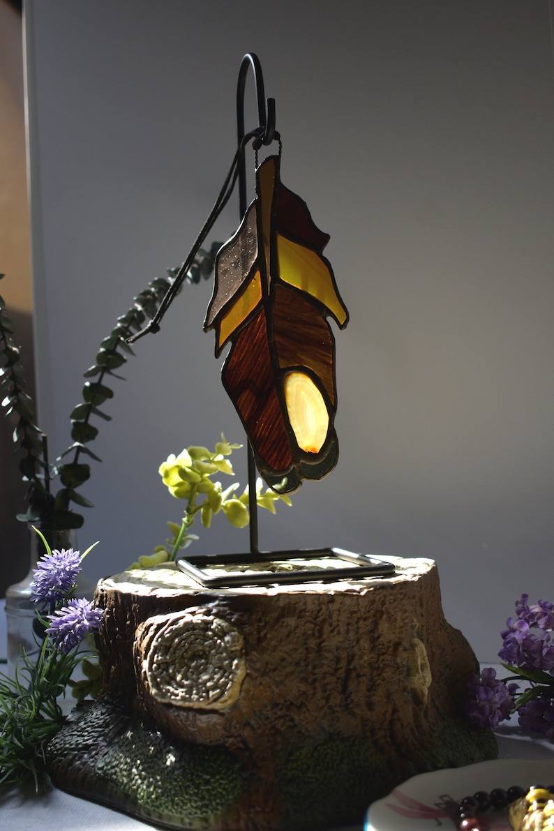 Handmade Stained Glass Feather Suncatcher with Natural Agate Slice Gray and Golden Brown image 1