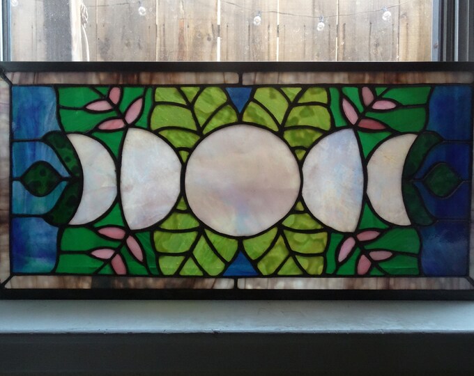 Handmade Stained Glass Moon Phase Panel With Tropical Leaves Sun